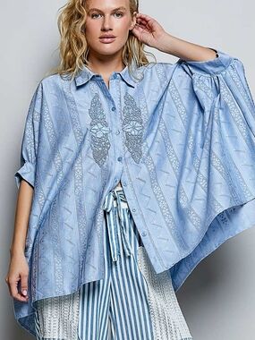 NEW!! POL Light Blue Embroidered Button-Up Poncho Shirt, NWT